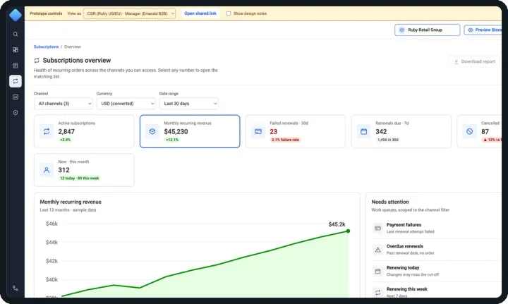 Subscriptions overview dashboard built with an AI agent from the team's design system, shown in a device frame