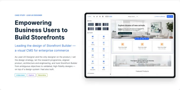 The resulting Storefront Builder case-study hero: headline, lead-level summary and the visual CMS shown on a tablet