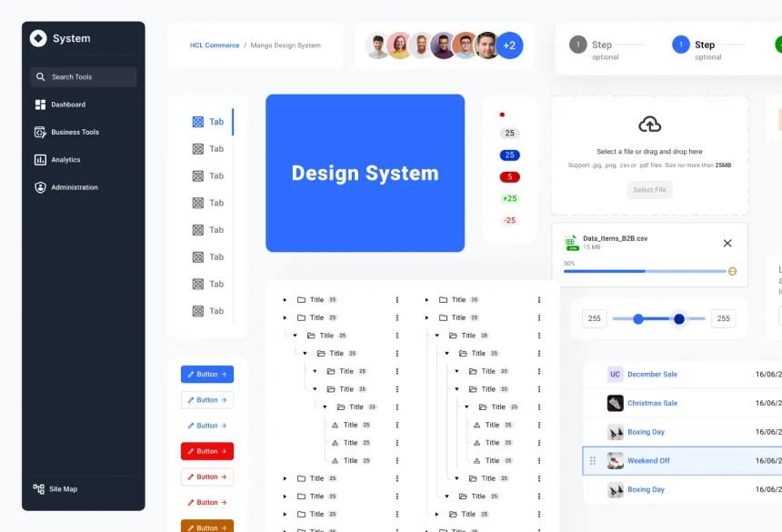 A collage of Mango components: dark navigation rail, breadcrumb, avatar group, stepper, tabs, a blue Design System tile, badges, file upload, slider, tree view, buttons and a list