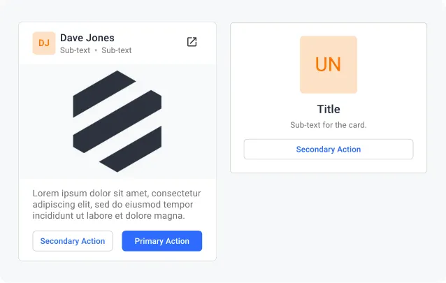 Two card variants: a media card with avatar header, image, body text and actions, and a compact card with initials, title and a secondary action