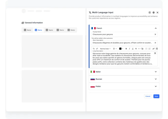 Multi-Language Input side drawer over a product record: French expanded with display name, short and long description fields, and Italian, Russian and Polish collapsed