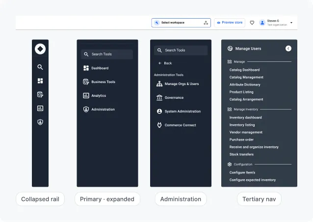 UI shell states under a global top bar: collapsed rail, primary menu expanded, Administration menu and a tertiary navigation for catalog and inventory sections