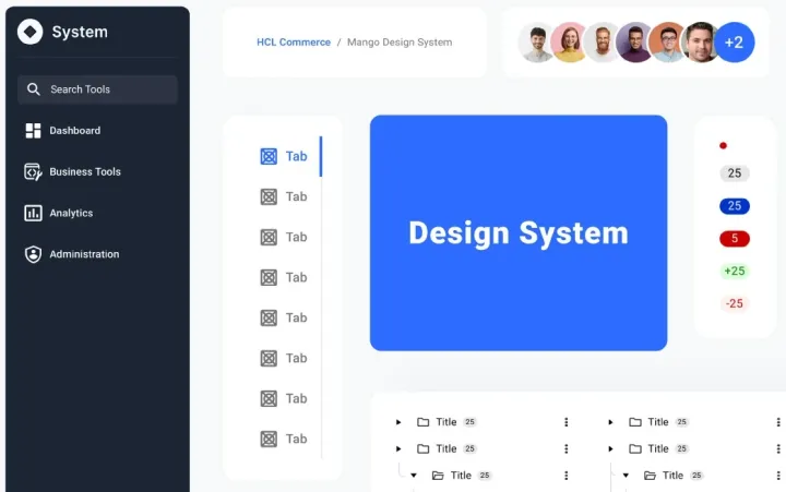Mango design system components including a dark navigation rail, tabs, badges, a tree view and a blue Design System tile