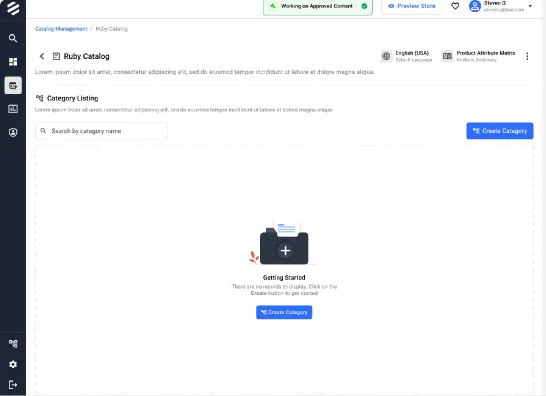 Catalog landing page for “Ruby Catalog” with an empty category listing and a Create Category call to action