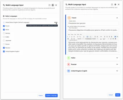 Multi-language input dialogs: selecting languages and entering a category name per language