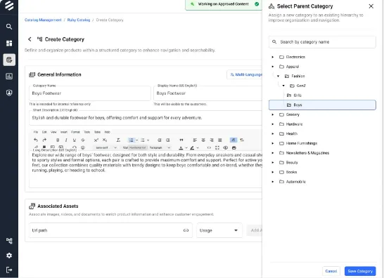 Create Category form with a Select Parent Category panel showing a nested, searchable category tree