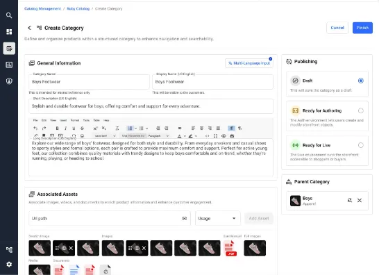 Create Category form with associated assets and publishing states: Draft, Ready for Authoring and Ready for Live