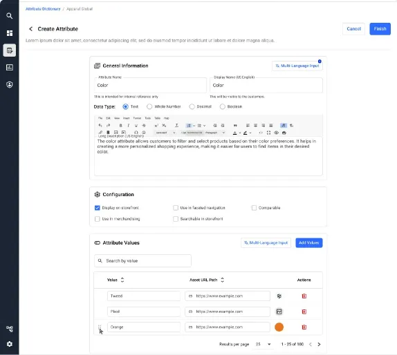 Create Attribute form with general information, configuration options and a table of attribute values