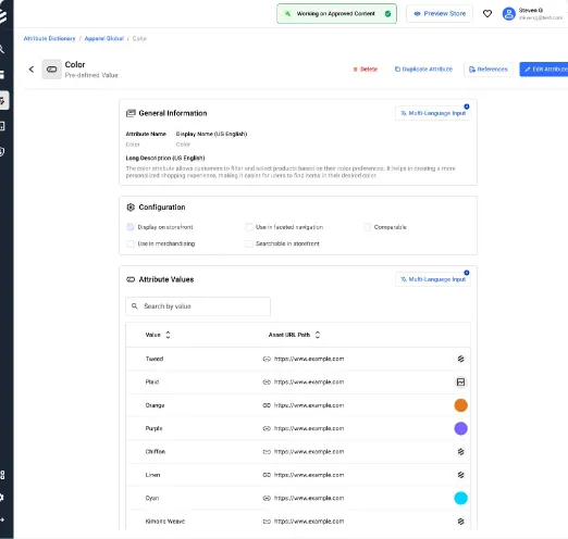 Read-only view of the Color attribute with its values and asset URLs