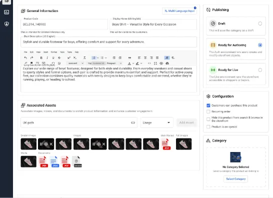 Create Product form reusing the category creation layout, with assets, publishing and category panels