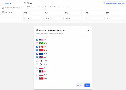 Pricing panel with prices per currency and a Manage Displayed Currencies dialog