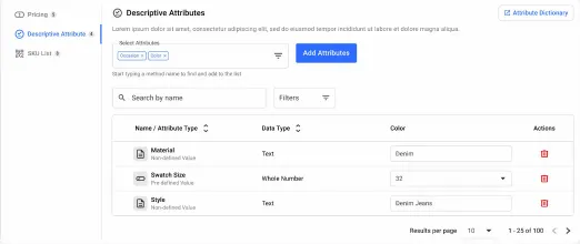 Descriptive Attributes table listing material, sleeve size and style values for a product
