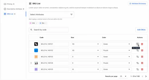 SKU list generated from predefined attributes such as size and color, with edit and delete actions