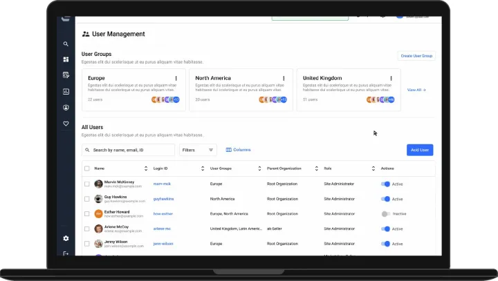 User Management screen with user groups and an all-users table, in a laptop mockup