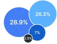 Bubble chart of stores by country: Germany 28.9%, United States 26.3%, Austria 7% and United Kingdom 2.5%