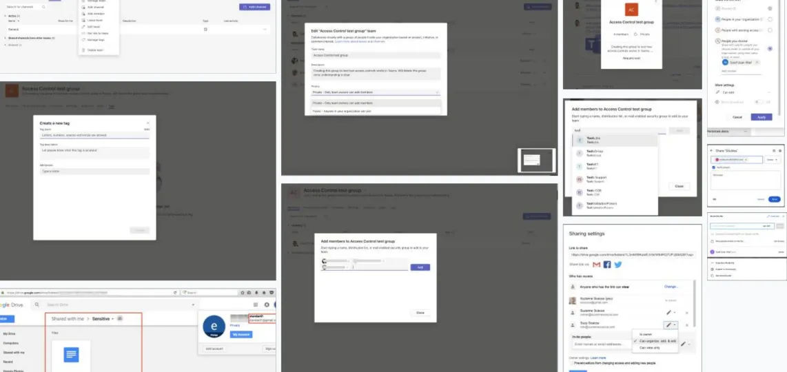 Inspiration board of access and sharing dialogs from tools such as Microsoft Teams and Google Drive