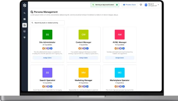 Persona Management screen with persona cards such as Site Administrator, Content Manager and Search Specialist, on a laptop
