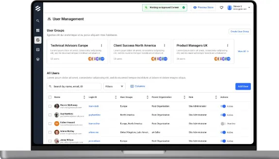 User Management screen with user groups and all users, on a laptop