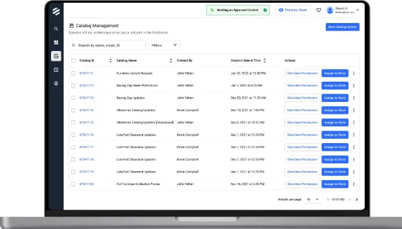 Catalog Management listing with access actions per catalog, on a laptop