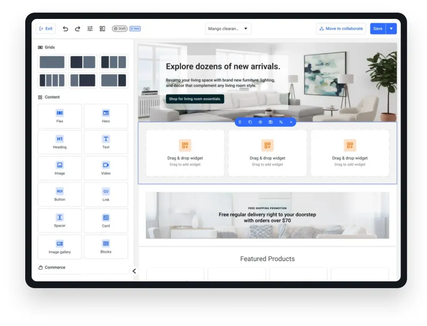 Storefront Builder visual editor on a tablet: grid and content widgets on the left, a living-room storefront page with drag-and-drop widget slots in the centre