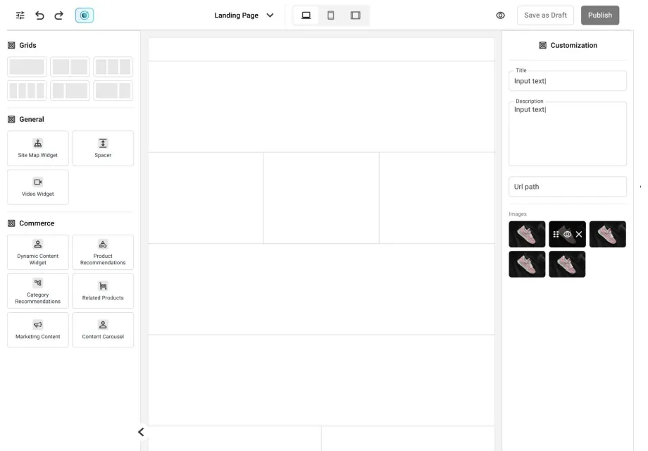 Lo-fi wireframe of the editor: grids, general and commerce widgets on the left, an empty page canvas in the centre and a customisation panel with title, description, URL path and images on the right