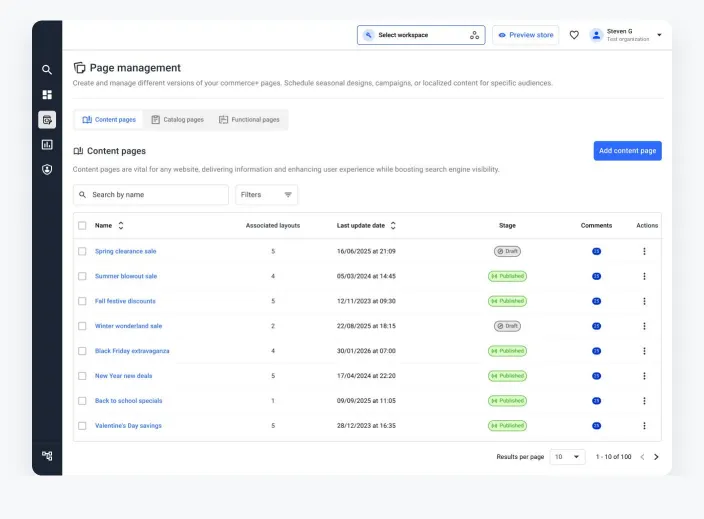 Page management table of content pages with associated layouts, last update date, Draft or Published stage, comments and actions