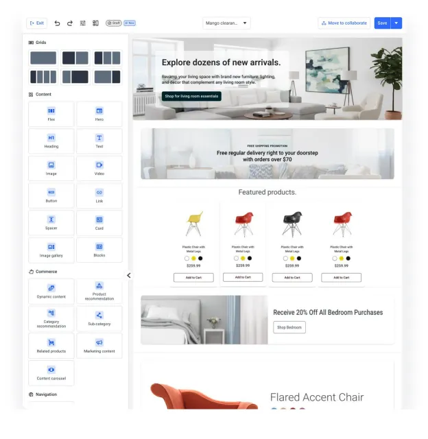 Visual editor with grid, content and commerce widgets in a left panel, a live storefront page in the centre and save and publish controls on top