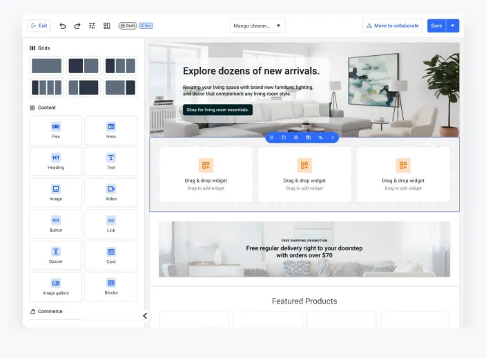 Editor canvas with a selected grid block showing an inline action toolbar and drag-and-drop widget placeholders
