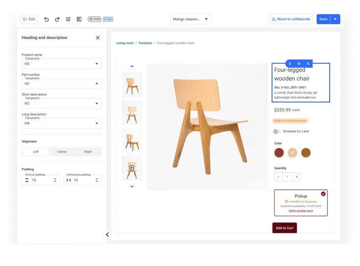 Product listing page in the editor with a settings panel controlling layout, headings, typography and the product attributes shown