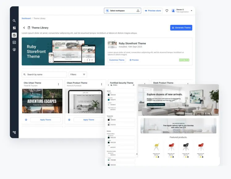 Theme library of storefront themes with a theme editor panel overlaid for colours, typography and button styles