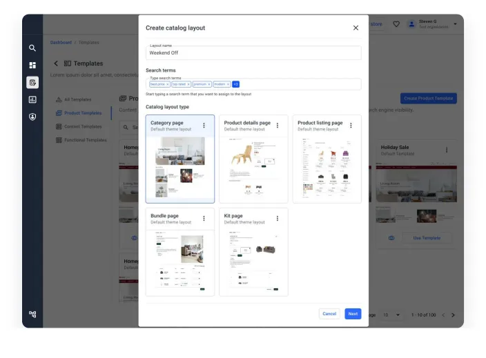 Template library listing layouts per catalog page type with search terms that target where each layout applies
