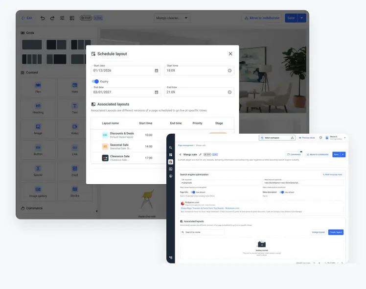 Page settings with a scheduling dialog for layout start and end dates and priority, plus SEO fields and associated layouts