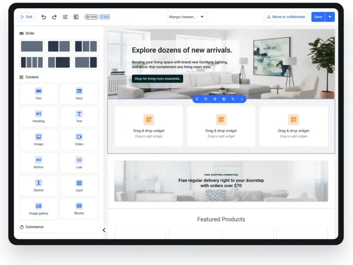 Storefront Builder visual editor on a tablet, with grid and content widgets on the left and a live storefront page in the centre